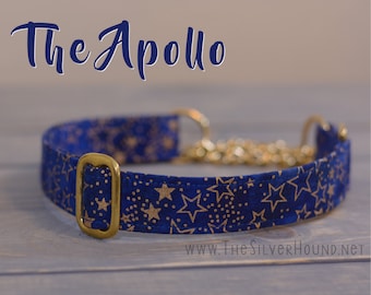 The Apollo Collar - Blue/Navy Batik with Gold Stars Pattern Fabric Dog Collar - Choose your width and hardware! - By The Silver Hound