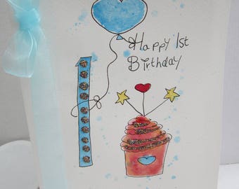 1st birthday, watercolour card, first birthday card, first birthday boy, son 1st birthday, nephew 1st birthday, personalise, handmade card