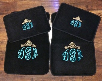Monogrammed Car Floor Mats with Crown, Set of 4 Mats, New Teen Driver Gift, New Car Present and Accessories, Custom Personalized Embroidered