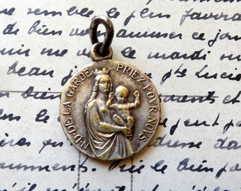 Our Lady vintage Medal. Religious necklace. Notre Dame de la Garde. Golden Metal.