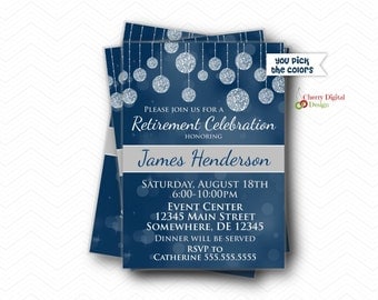 Printed or Printable Retirement Party Invitations. Retirement Invite. Blue, Gray & White Retirement Celebration Invitation.