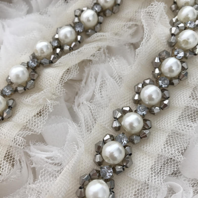 Ivory Beaded Lace Trim With Pearls, Bridal Belt Lace Trim,Mesh Lace ...