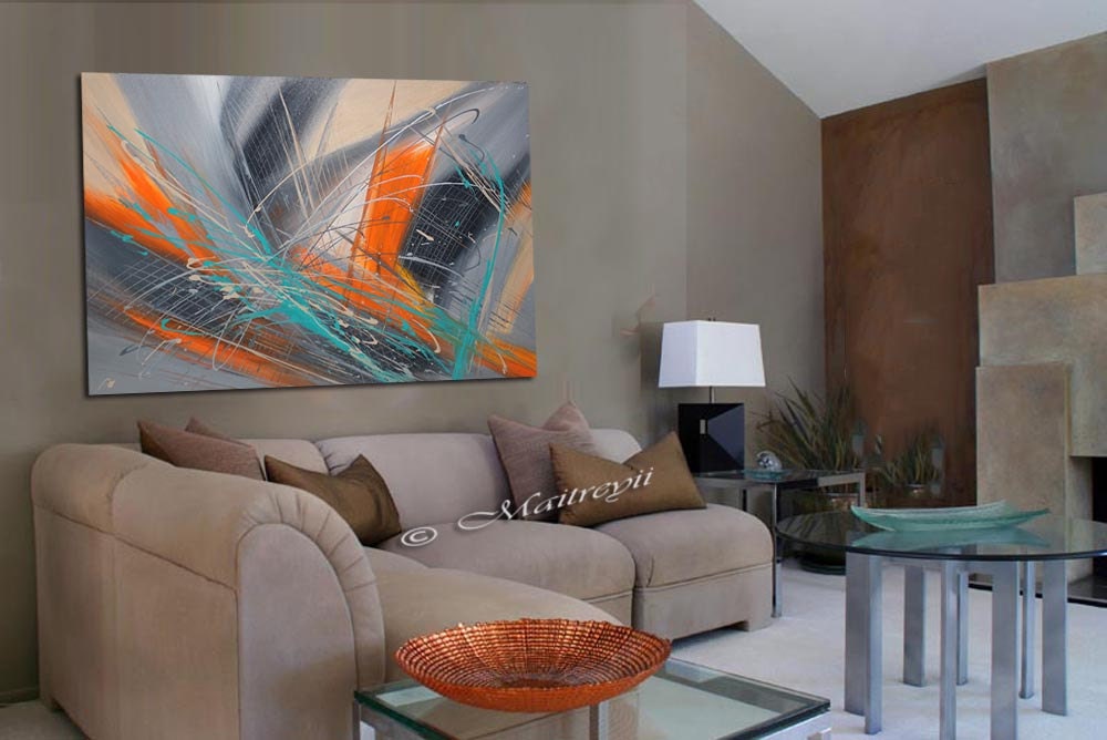 Grey Orange Turquoise Abstract art large painting on