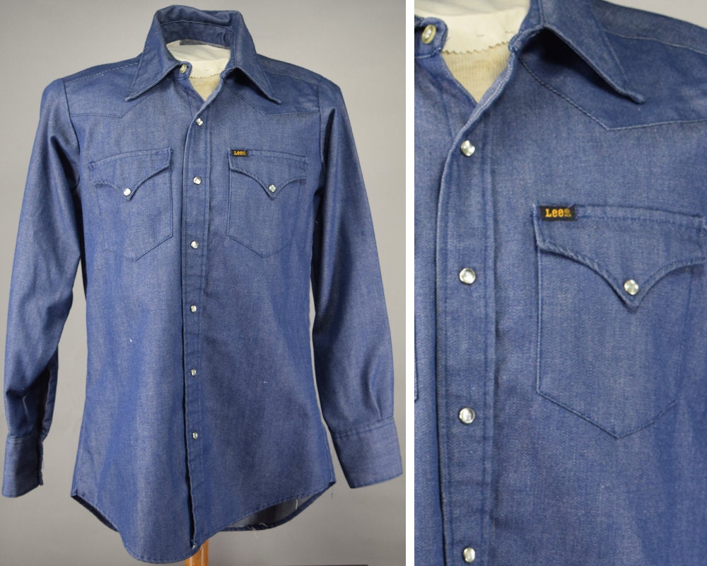 Vintage 80s Lee Pearl Snap Shirt Mens Chambray Denim Shirt S M