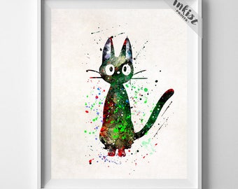 Ghibli Poster, Kiki's Delivery Service, Hayao Miyazaki, Cat Jiji Print, Ghibli Print, Ghibli Art, Watercolor Art, Gift Idea, Gift For Him