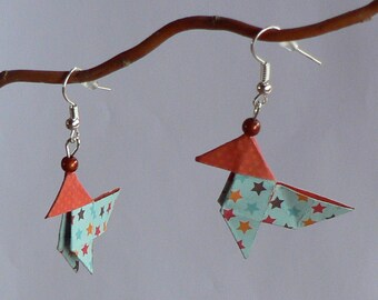 Boucles d'oreilles Origami Cocottes Papier Etoiles.