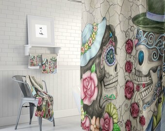 Sugar Skull Forever More Shower Curtain Optional Bath Mat/Towels Set "You Make Me Smile" Design
