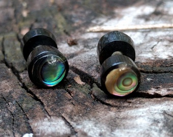 Pair Areng Wood Abalone Shell Inlay Stick Earrings Fake Gauge Post Earrings Pair of Natural Brown Organic Illusion Wooden Studs