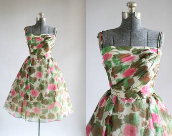Vintage 1950s Dress / 50s Party Dress / Pink and Green Floral Dress w/ Ruched Bodice S