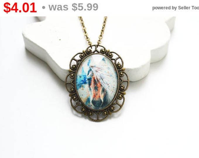 SALE! Oval pendant metal brass with the image of horses under glass