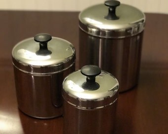 Vintage Chrome Canister Set, Three piece canister set, Retro canisters, Kitchen storage, chrome canisters with black handles