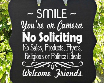 No Soliciting Sign, Smile, Camera, Video, Surveillance, Front Door Sign, Door Hanger, Welcome Sign, Do Not Disturb, Home Decor, Wood Sign