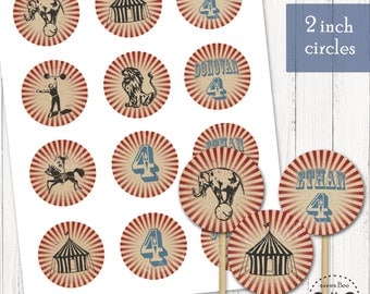Circus Cupcake Toppers, Printable 2 inch circle tags/toppers