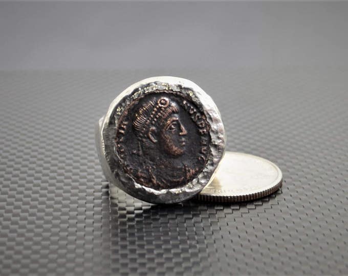 Rustic Silver Roman Coin Ring, Custom Made Coin Ring, Greek Coin Ring, Gift For Man, Heavy Silver Ring, Statement Ring, Large Hammered Ring