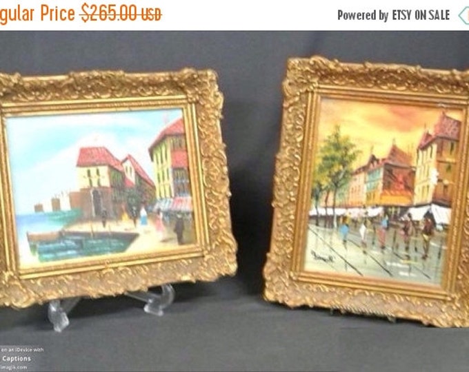 Storewide 25% Off SALE Vintage European Street / Boardwalk Scene Signed Prints With Vivid Colors Featuring Ornately Crafted Gold Gilt Floral