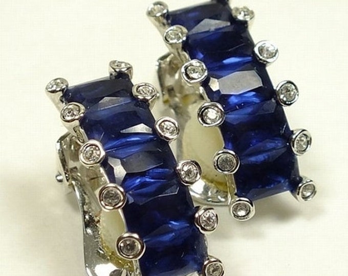 Storewide 25% Off SALE Vintage Sapphire Rhinestone Nolan Miller Designer Signed Earrings Featuring Beautiful Sparkling Cut Stones Set in Sil