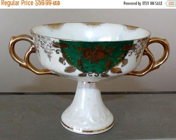 Storewide 25% Off SALE Vintage Royal Sealy Double Handled Porcelain Compote Bowl Featuring Beautiful Gold Embossed Luster Ware Floral Design