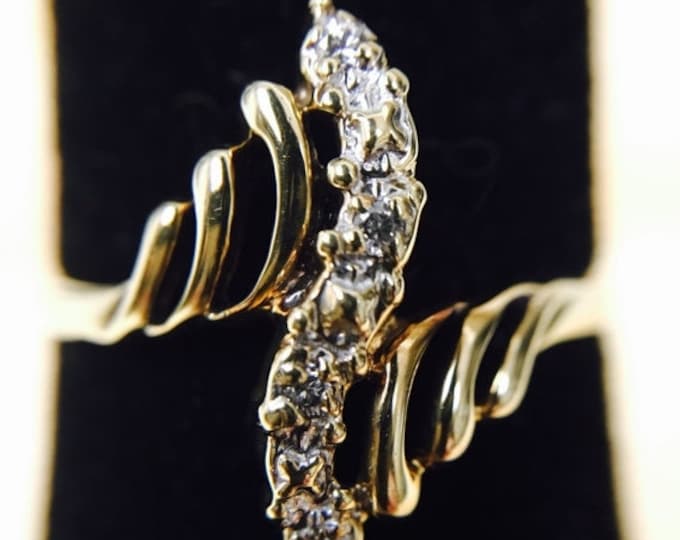 Storewide 25% Off SALE Vintage 10k Yellow Gold Ribboned 1/4 Carat Brilliant Cut Diamond Ring Featuring Open Wave Inspired Design