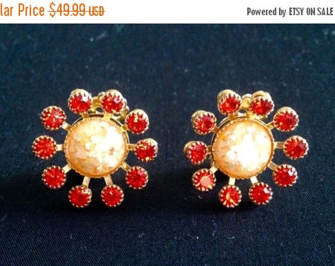 Storewide 25% Off SALE Beautiful Vintage Shimmering Gold Glitter Floral Designer Clip Earrings Featuring Blood Orange Faceted Accented Stone