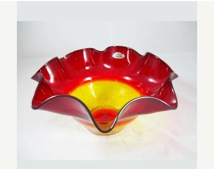 Storewide 25% Off SALE Vintage Crackle Glass Tangerine Style Blenko Ruffle Edge Decorative Bowl Featuring Fluted Design In Shaded Red & Yell