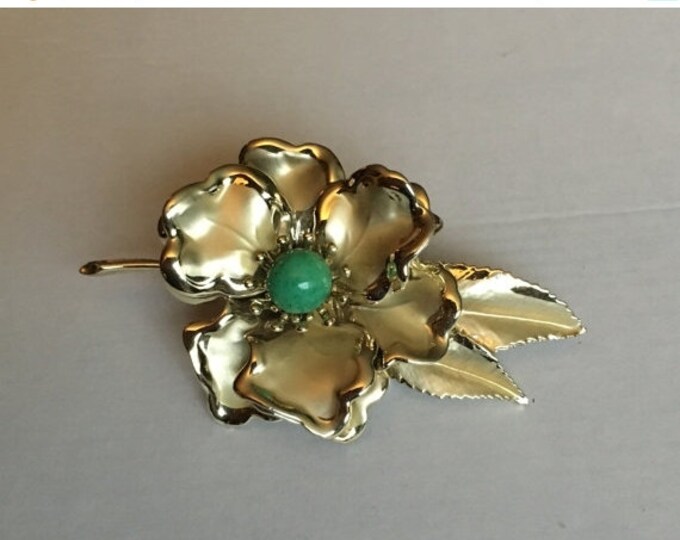 Storewide 25% Off SALE Vintage Gold Washed Style Oversized Southern Magnolia Brooch Pin Featuring Green Robins Egg Turquoise Cabochon Center