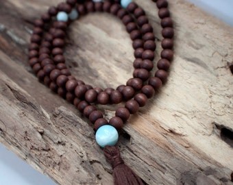 Wooden Mala Beads - Wood 108 Mala Beads with Handmade Tassel, Mala Beads with Amazonite, Meditation Jewelry, Yoga Jewelry, Boho Jewelry