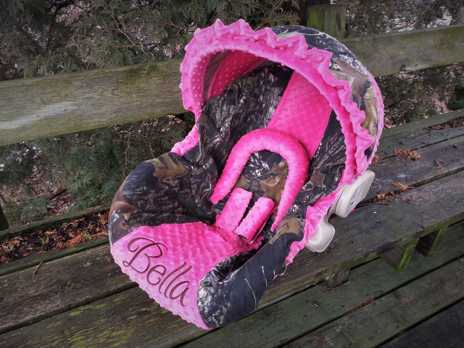 Camo Infant Car Seat Cover Mossy Oak fabric and Hot Pink