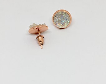 Iridescent clear rose gold faux druzy stud earrings