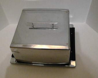 Square Chrome Cake Carrier, Vintage with Lid, Dessert Holder, Snack Storage, Kitchen Decor