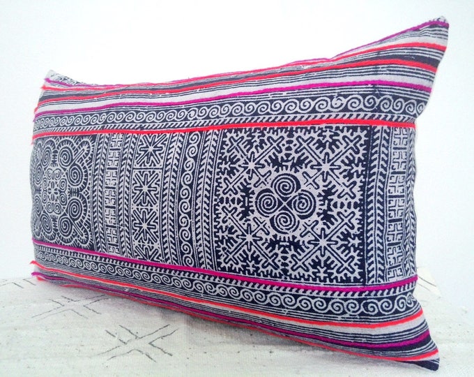 12"x20" Beautiful Hmong Batik Pillow Cover, Indigo Cotton Cushion Cover, Tribal Throw Pillow Case, Hill Tribe Ethnic Pillow Case