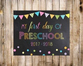 Rainbow FIRST DAY of PRESCHOOL Sign, Printable Chalkboard 1st Day of Preschool Poster, Rainbow Back to School, Diy Digital Instant Download