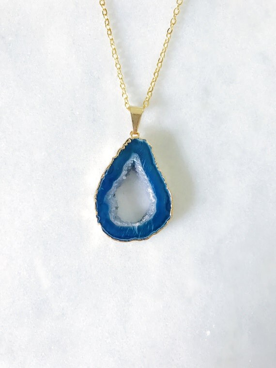 Small Blue Geode Necklace Agate Pendant Agate by TheHollowGeode