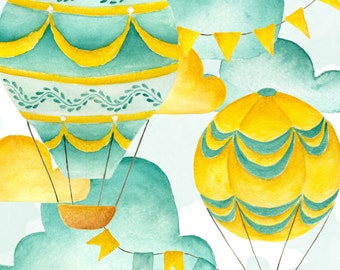 Hot air balloons clipart, Airballoons clipart, Sky balloon, Green balloons, Airballoon illustration, Watercolor clipart, Planner Blog clipar