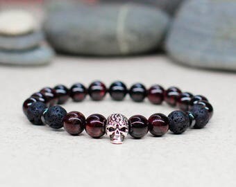 Energy bracelet Men gift men Lava stone bracelet Garnet bracelet Skull bracelet Gem bracelet Charm bracelet Elastic bracelet Day of the dead