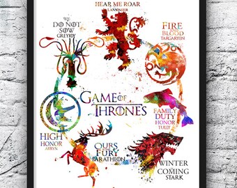 Game of Thrones Watercolor Print, Game of Thrones Art, Movie Poster,House Targaryen Stark Lannister, Wall Art, Home Decor, Kids Room - 496