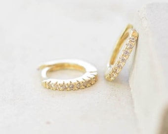 Thin Mini Ear Huggie Hoop Earrings, GOLD - micro pave cz cartilage hoops *Small Ships 7/30/2017*