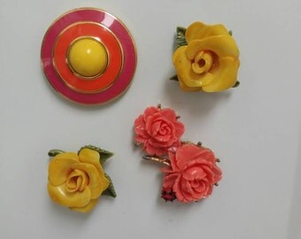 Vintage Magnet Set | 4 Pink & Yellow Magnets | Roses | Upcycled Jewelry | Costume Jewelry Vintage | Fridge Magnets | Custom Magnets