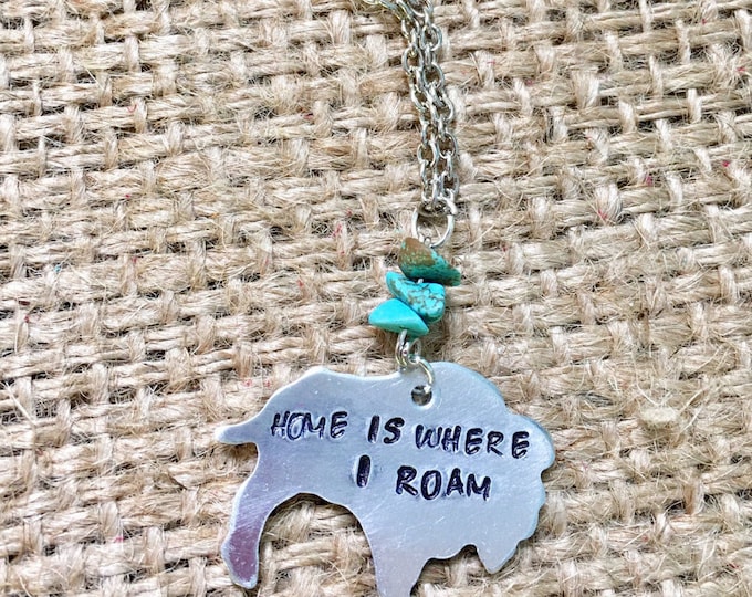 Buffalo Necklace, Bison Necklace, Home is Where I Roam, Roam Buffalo Pendant, Wyoming Necklace, Animal Necklace, Stamped Necklace