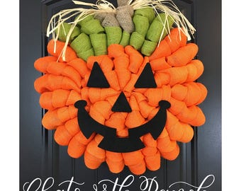Jack O' Lantern Pumpkin Burlap Wreath Rustic Thanksgiving Fall Autumn Harvest Halloween Wreath Pumpkin Carving Jack O Lantern