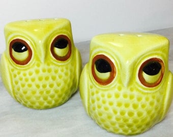 Yellow Green Owl Salt and Pepper Shakers