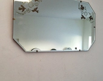 Art Deco Frameless Mirror with bird detail/Vintage mirror/1930s Boho mirror/Bevelled Glass/Wall Mirror/Statement Frameless Mirror