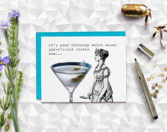 Funny birthday card . it's gin o'clock . greeting