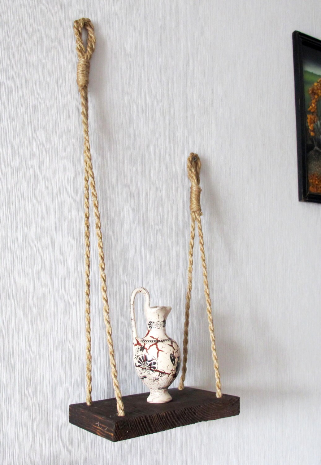 Rustic Wood Hanging Shelf Jute Rope Wall Shelf Small Hanging