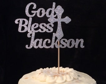 Baptism cake topper, custom cake topper with name, glitter cake topper, cross cake topper, celebrate baptism centerpiece, personalized