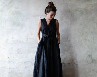 FREE SHIPPING, Womens Linen Dress, Wraparound Dress, Black Dress, Classic Dress, Summer Dress, Beach Dress, Linen Clothes, Natural Flax
