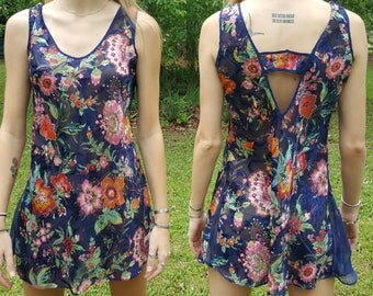 Vintage Floral Slip Dress Nightgown Lingerie Night Gown Shiny Cutout Back Open Back