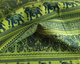 Elephant Print Fabric, Boho Fabric,Alternate Elephant Print,Dark Navy and Green, Indian Cotton,Indian Elephant,fabric by the yard,folk print