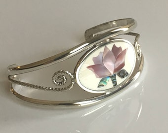 Vintage Alpaca Mexico silver bracelet, silver cuff bracelet, mother of pearl inlay