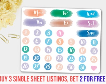 Watercolor Weekly Date Covers, Weekly Covers, Date Stickers, Monday Stickers, Tuesday Stickers