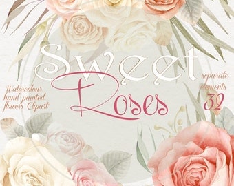 Watercolor Sweet Roses Clipart Collection - Separate elements, Romantic Wedding, Invitation, greeting card, PNG, DIY, Scrapbooking